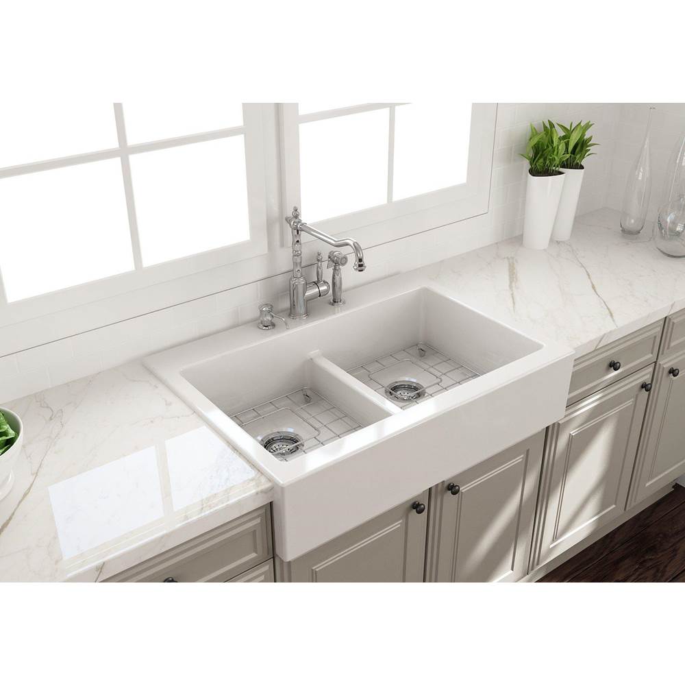 BOCCHI Nuova Apron Front Drop-In Fireclay 34 in. 50/50 Double Bowl Kitchen Sink with Protective Bottom Grids and Strainers in White
