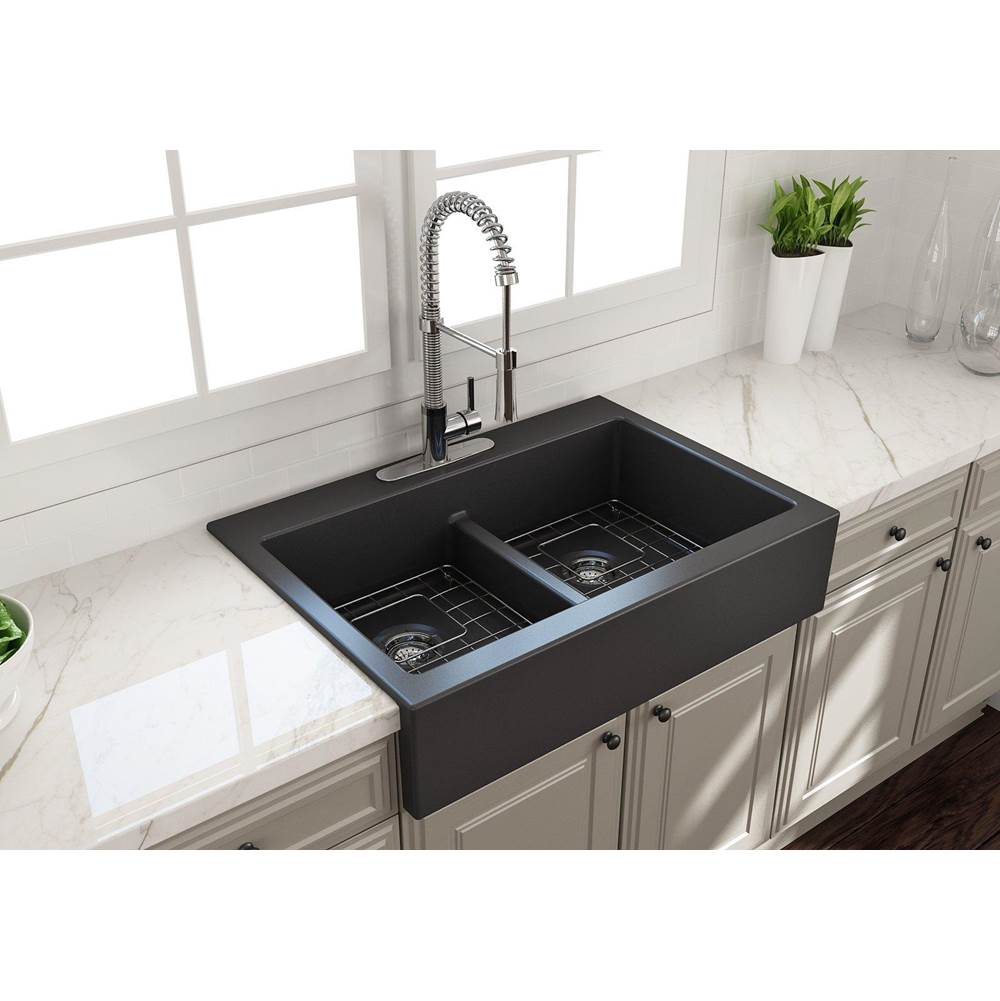 BOCCHI Nuova Apron Front Drop-In Fireclay 34 in. 50/50 Double Bowl Kitchen Sink with Protective Bottom Grids and Strainers in Matte Dark Gray