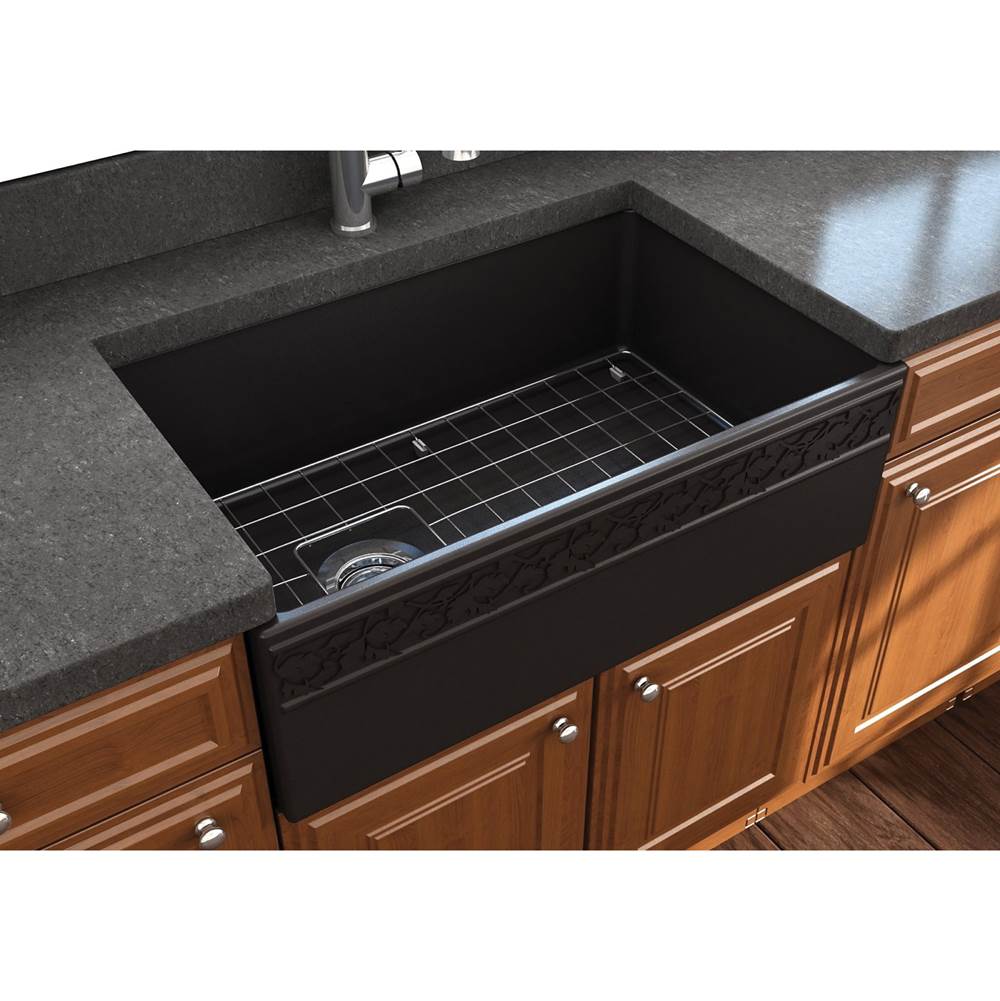 BOCCHI Vigneto Apron Front Fireclay 30 in. Single Bowl Kitchen Sink with Protective Bottom Grid and Strainer in Matte Black