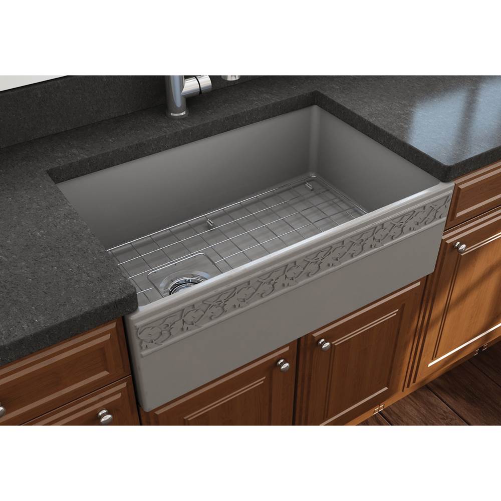 BOCCHI Vigneto Apron Front Fireclay 30 in. Single Bowl Kitchen Sink with Protective Bottom Grid and Strainer in Matte Gray
