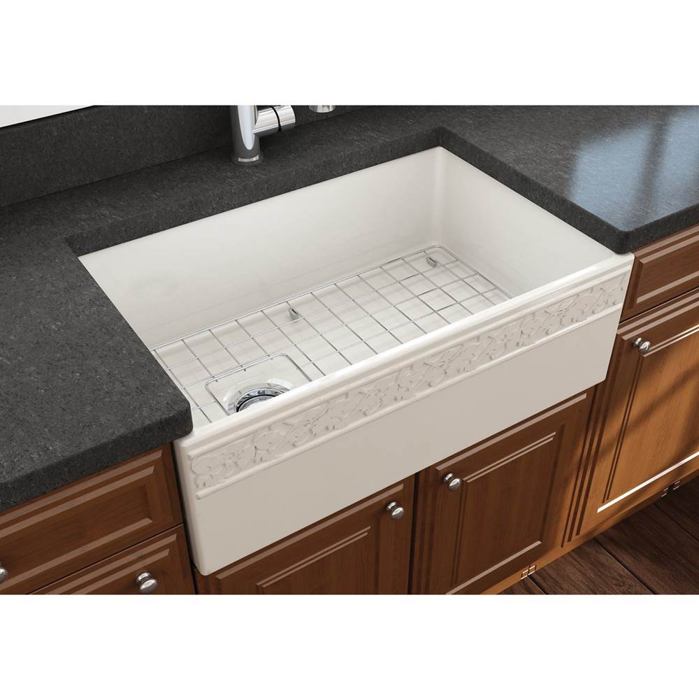 BOCCHI Vigneto Apron Front Fireclay 30 in. Single Bowl Kitchen Sink with Protective Bottom Grid and Strainer in Biscuit