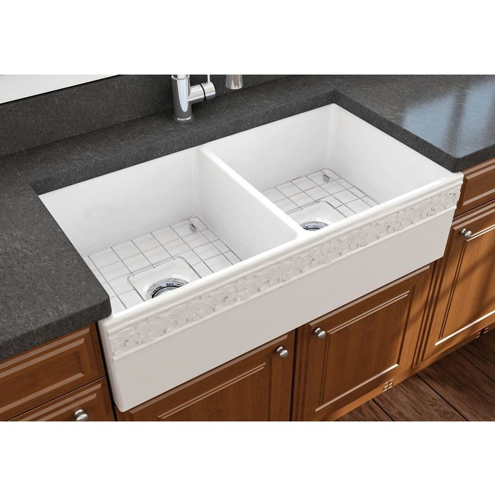 BOCCHI Vigneto Apron Front Fireclay 36 in. Double Bowl Kitchen Sink with Protective Bottom Grids and Strainers in White