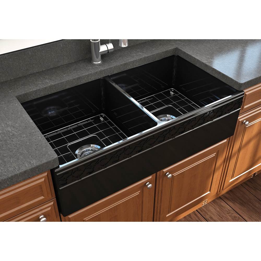 BOCCHI Vigneto Apron Front Fireclay 36 in. Double Bowl Kitchen Sink with Protective Bottom Grids and Strainers in Black