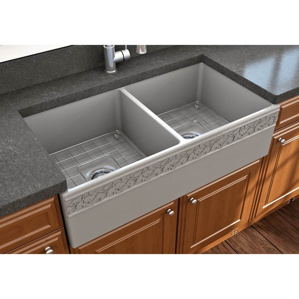BOCCHI Vigneto Apron Front Fireclay 36 in. Double Bowl Kitchen Sink with Protective Bottom Grids and Strainers in Matte Gray
