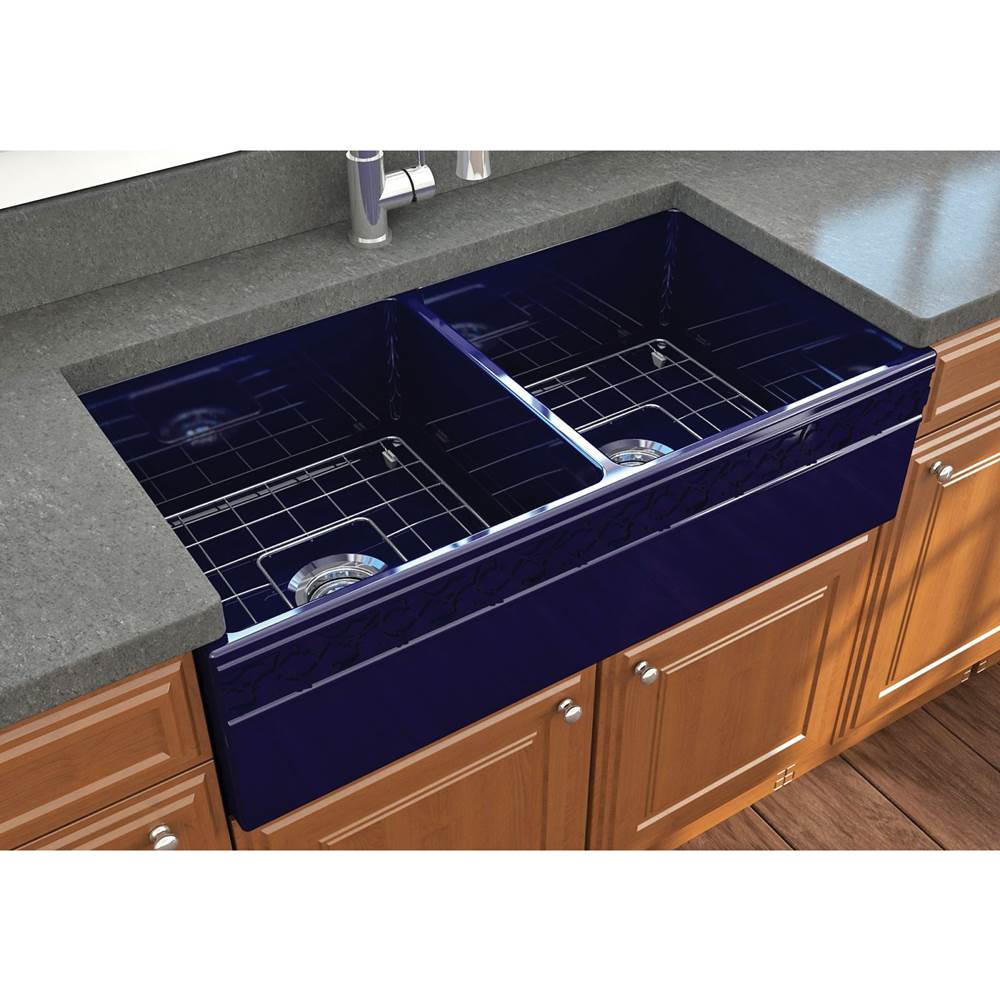BOCCHI Vigneto Apron Front Fireclay 36 in. Double Bowl Kitchen Sink with Protective Bottom Grids and Strainers in Sapphire Blue