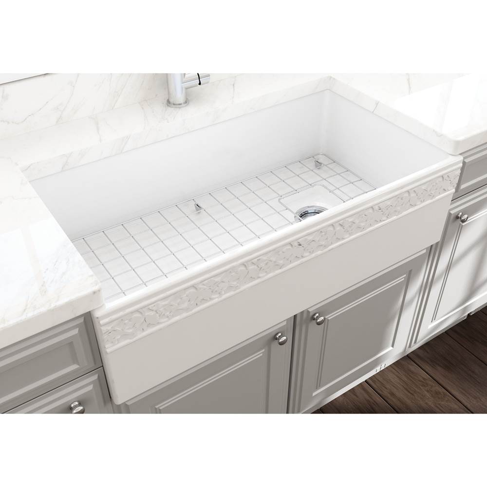 BOCCHI Vigneto Apron Front Fireclay 36 in. Single Bowl Kitchen Sink with Protective Bottom Grid and Strainer in White