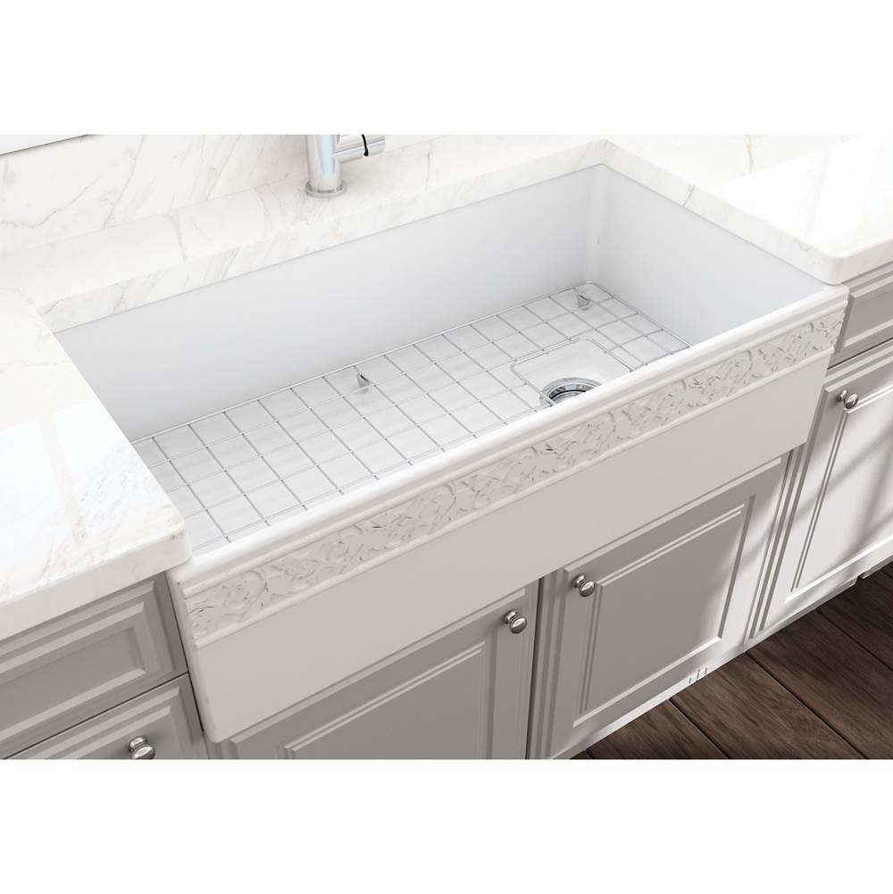 BOCCHI Vigneto Apron Front Fireclay 36 in. Single Bowl Kitchen Sink with Protective Bottom Grid and Strainer in Matte White