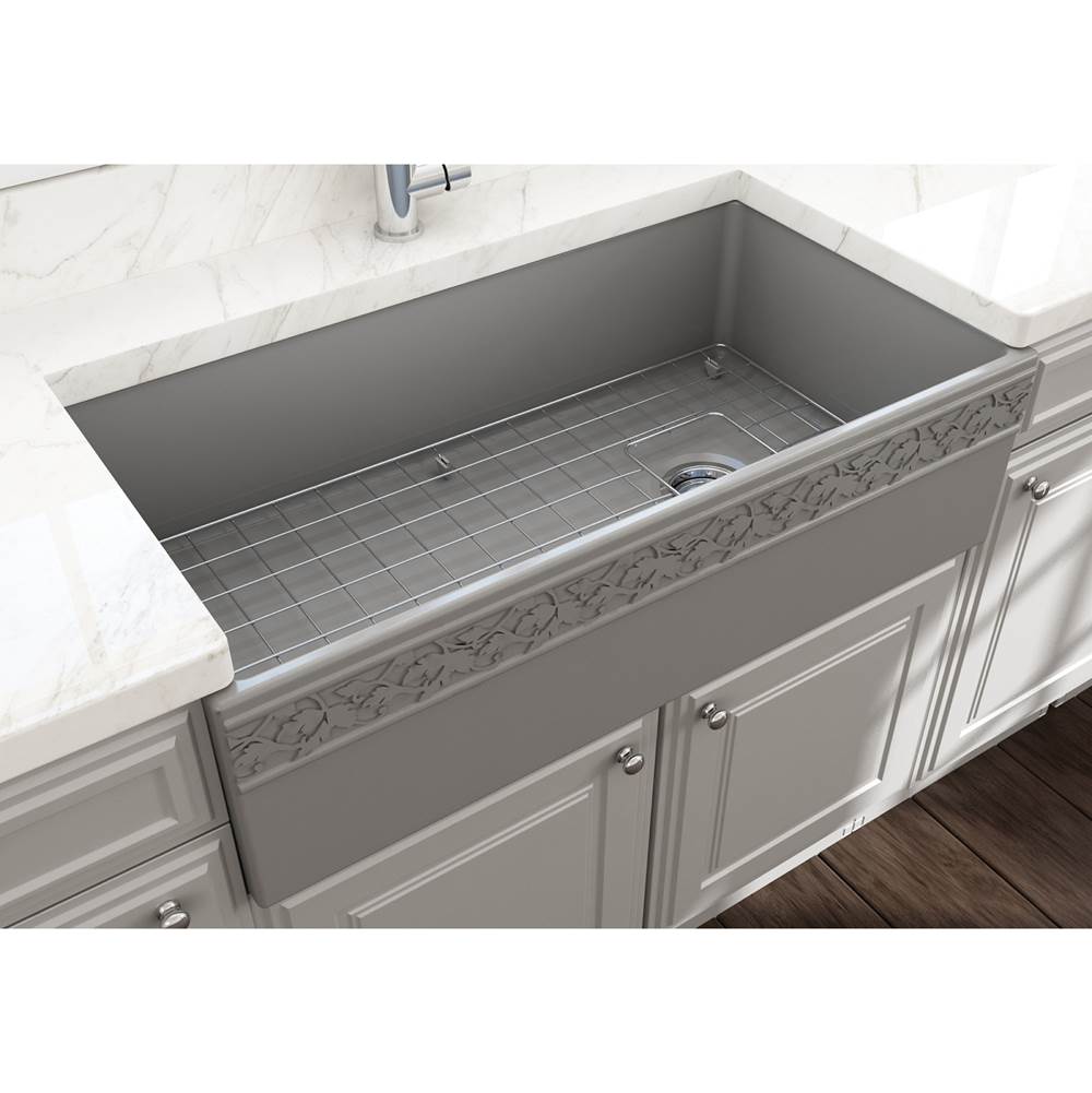 BOCCHI Vigneto Apron Front Fireclay 36 in. Single Bowl Kitchen Sink with Protective Bottom Grid and Strainer in Matte Gray