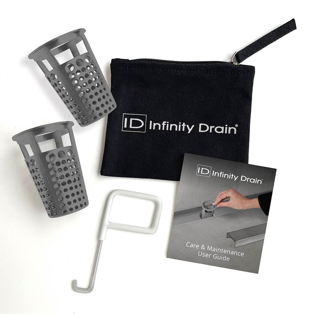 Infinity Drain Hair Maintenance Kit. Includes maintenance guide, AKEY Lift-out key, and (2) HB 65 Hair Basket in black.