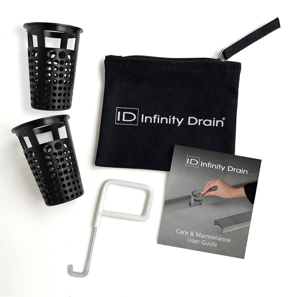 Infinity Drain Hair Maintenance Kit. Includes maintenance guide, AKEY Lift-out key, and (2) HB 65B Hair Basket in black.