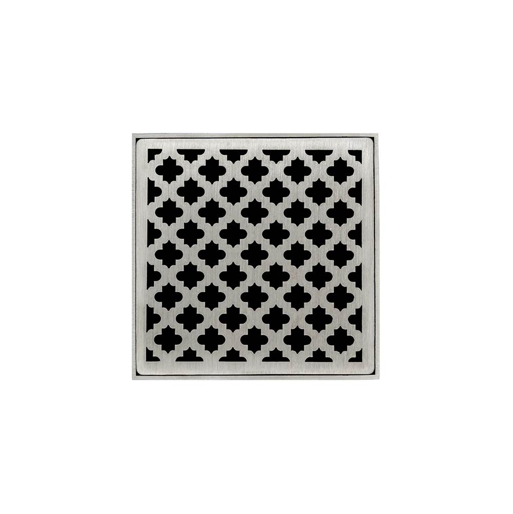 Infinity Drain 5'' x 5'' MD 5 Complete Kit with Moor Pattern Decorative Plate in Satin Stainless with Cast Iron Drain Body for Hot Mop, 2'' Outlet