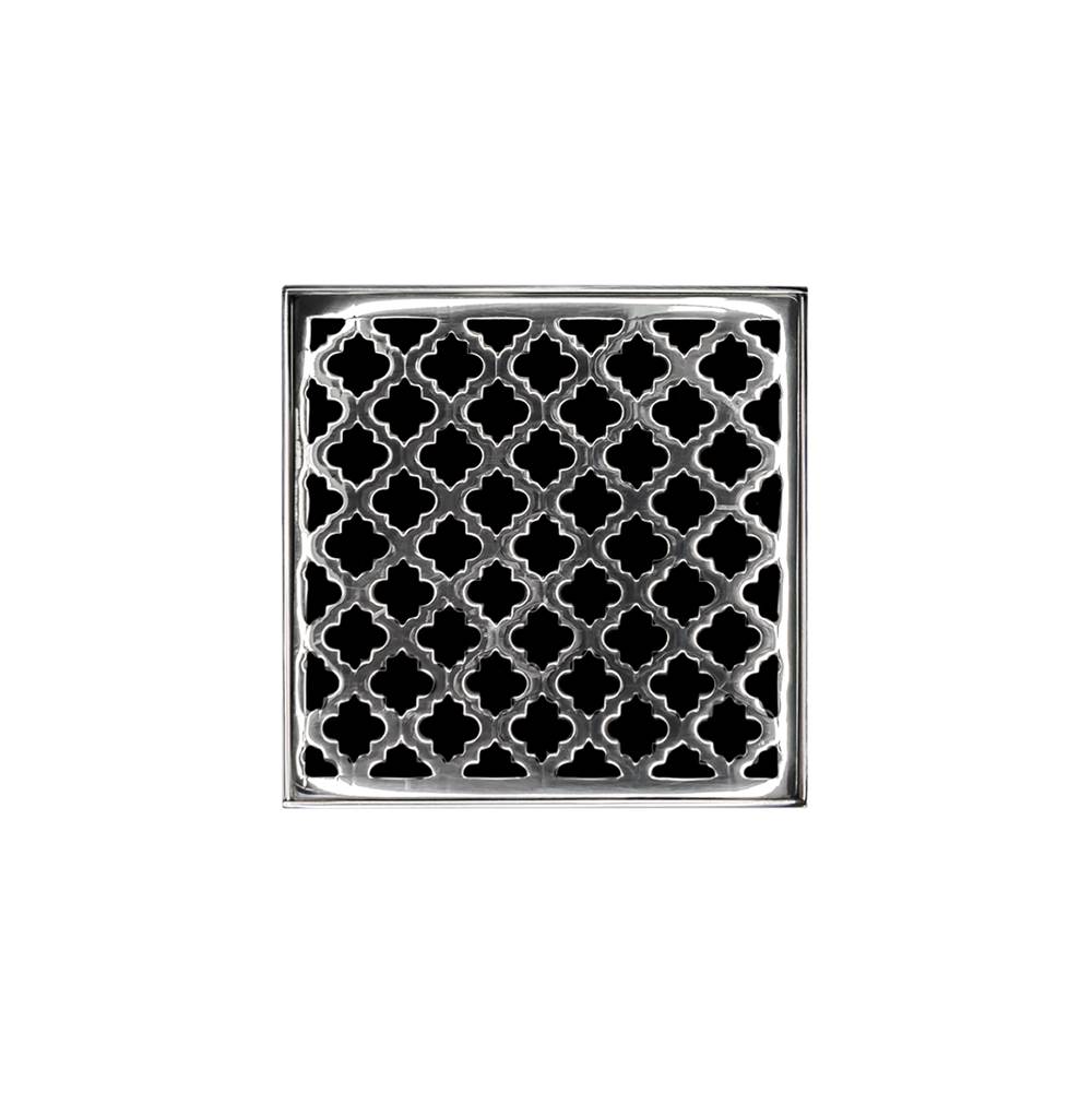 Infinity Drain 5'' x 5'' MD 5 High Flow Complete Kit with Moor Pattern Decorative Plate in Polished Stainless with PVC Drain Body, 3'' Outlet