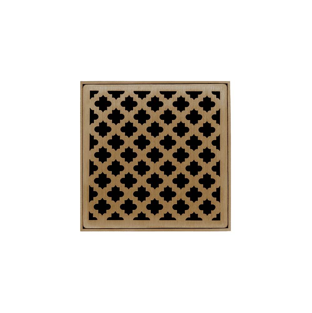 Infinity Drain 5'' x 5'' MD 5 High Flow Complete Kit with Moor Pattern Decorative Plate in Satin Bronze with PVC Drain Body, 3'' Outlet
