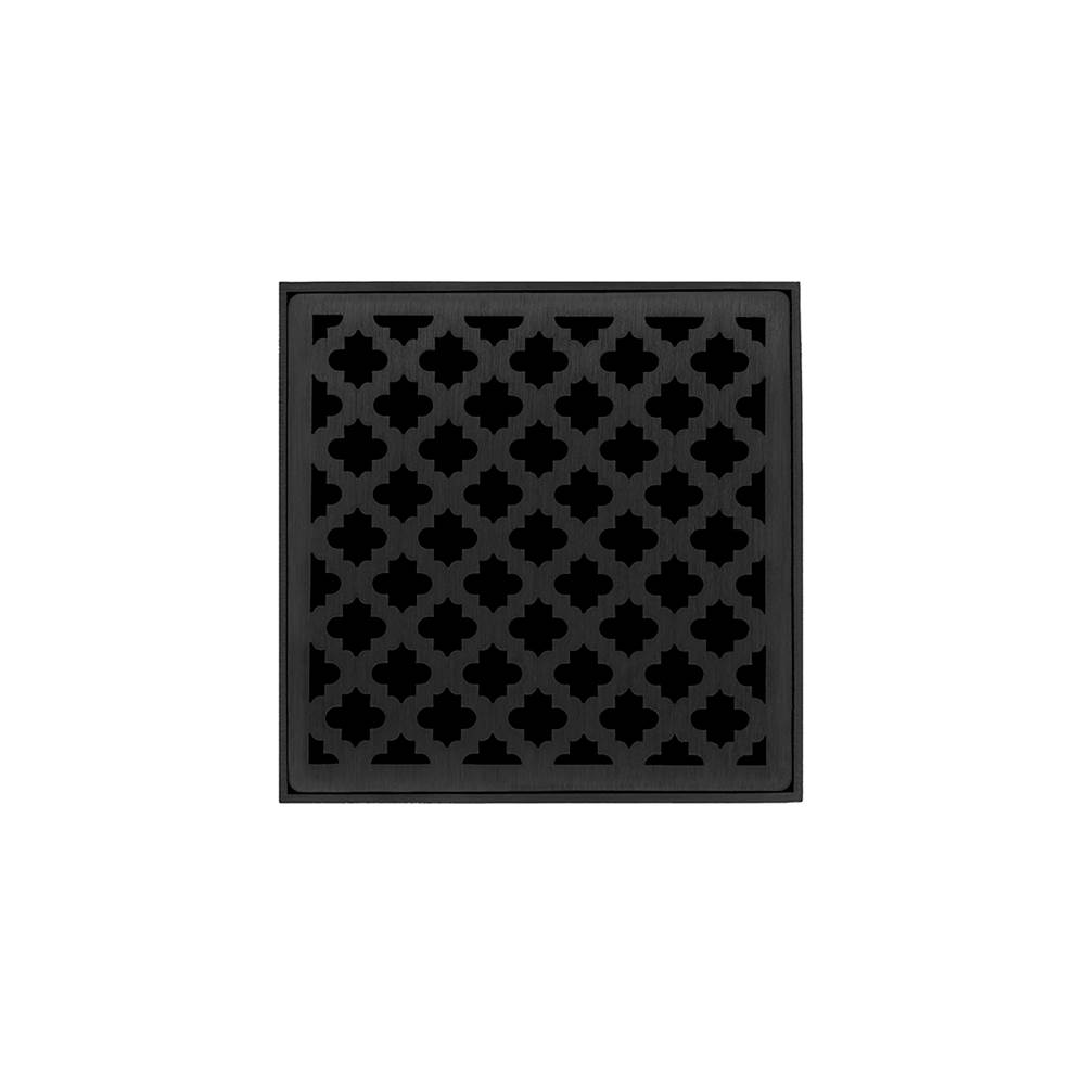Infinity Drain 4'' x 4'' MDB 4 Complete Kit with Moor Pattern Decorative Plate in Matte Black with Stainless Steel Bonded Flange Drain Body, 2'' No Hub Outlet