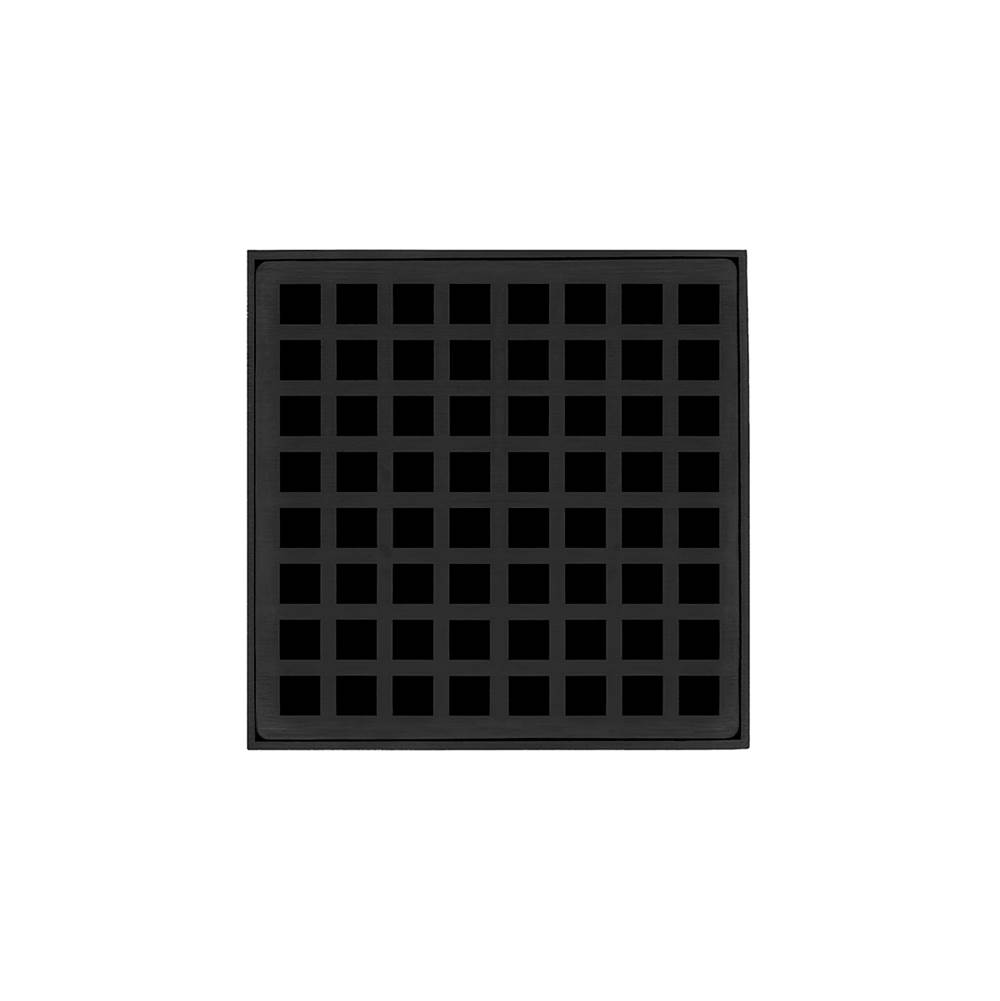 Infinity Drain 5'' x 5'' QDB 5 Complete Kit with Squares Pattern Decorative Plate in Matte Black with PVC Bonded Flange Drain Body, 2'', 3'' and 4'' Outlet