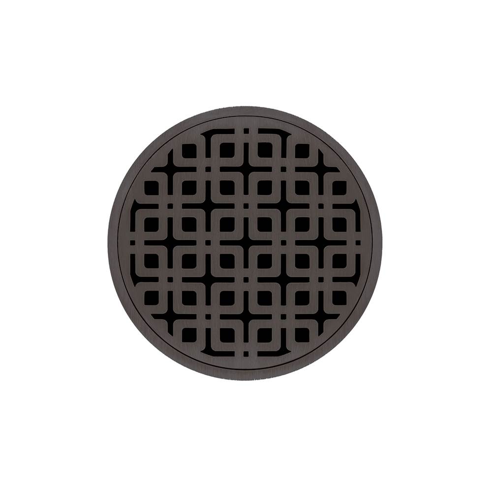 Infinity Drain 5'' Round RKDB 5 Complete Kit with Link Pattern Decorative Plate in Oil Rubbed Bronze with ABS Bonded Flange Drain Body, 2'', 3'' and 4'' Outlet