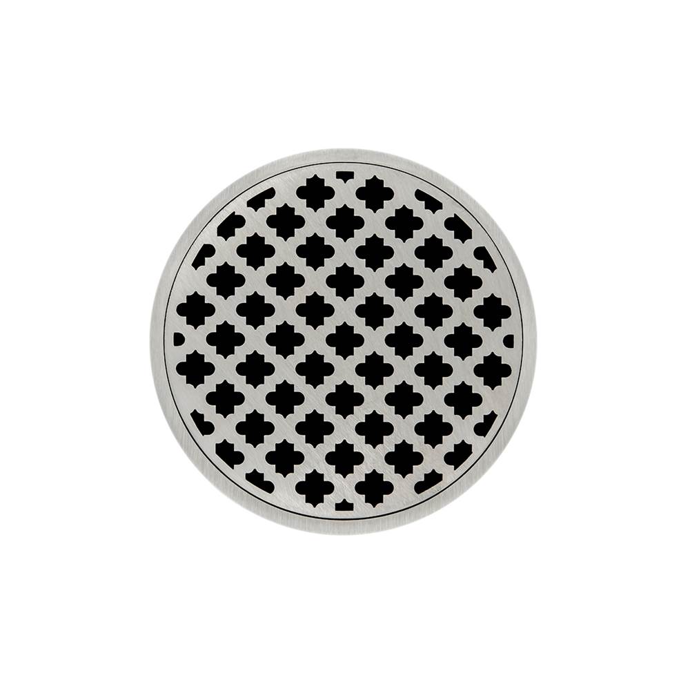 Infinity Drain 5'' Round RMD 5 Complete Kit with Moor Pattern Decorative Plate in Satin Stainless with Cast Iron Drain Body, 2'' Outlet