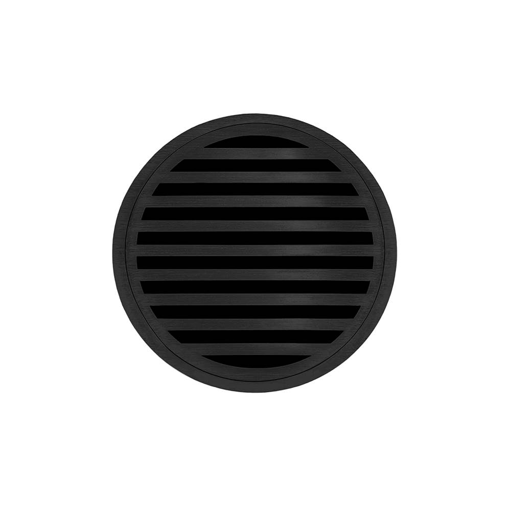 Infinity Drain 5'' Round RNDB 5 Complete Kit with Lines Pattern Decorative Plate in Matte Black with ABS Bonded Flange Drain Body, 2'', 3'' and 4'' Outlet