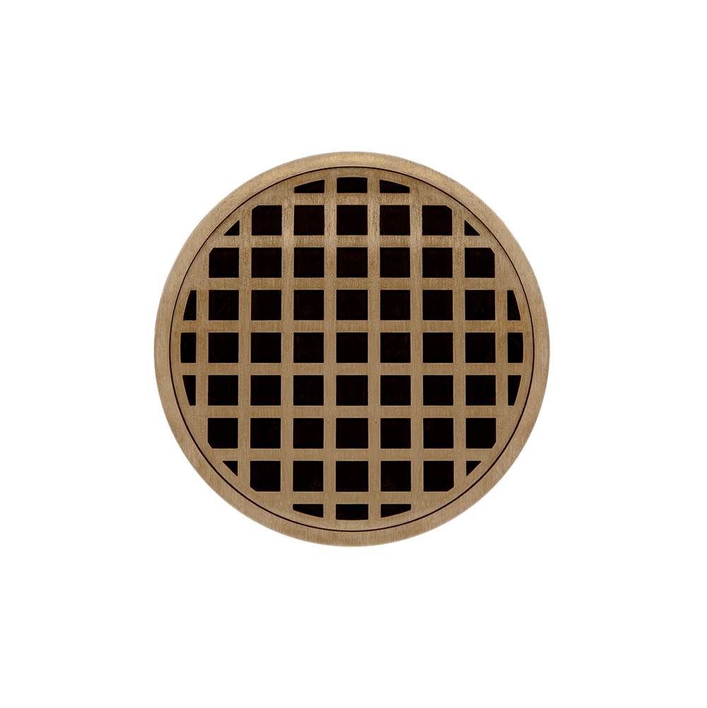 Infinity Drain 5'' Round RQD 5 Complete Kit with Squares Pattern Decorative Plate in Satin Bronze with PVC Drain Body, 2'' Outlet