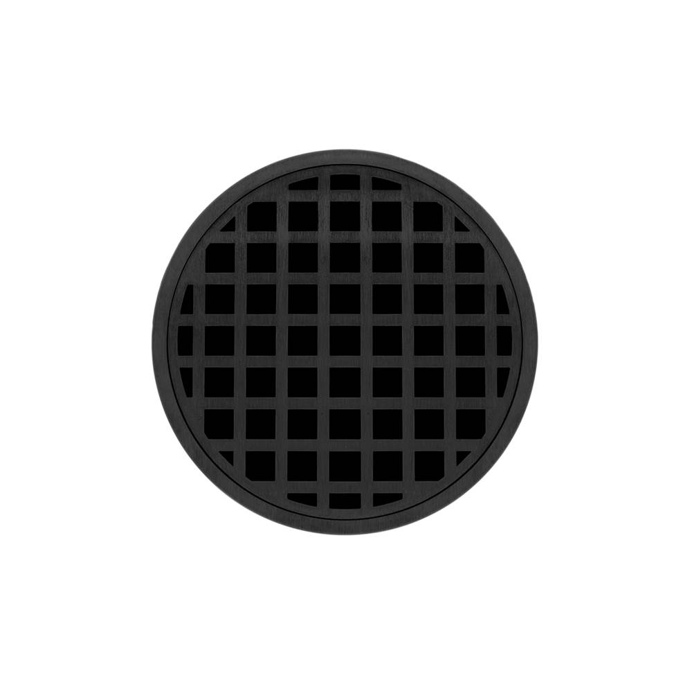 Infinity Drain 5'' Round RQD 5 High Flow Complete Kit with Squares Pattern Decorative Plate in Matte Black with Cast Iron Drain Body, 3'' No-Hub Outlet