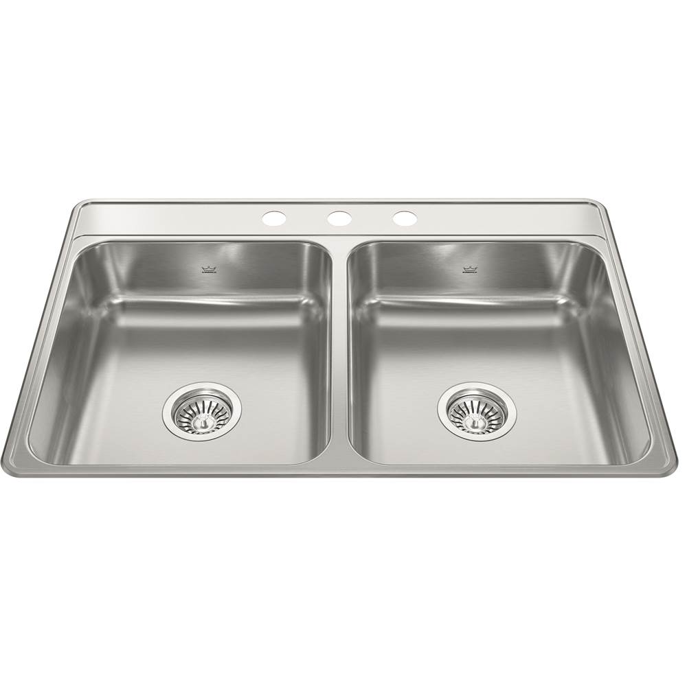 Kindred Creemore 33-in LR x 22-in FB x 6-in DP Drop In Double Bowl 3-Hole Stainless Steel Sink, CDLA3322-6-3N