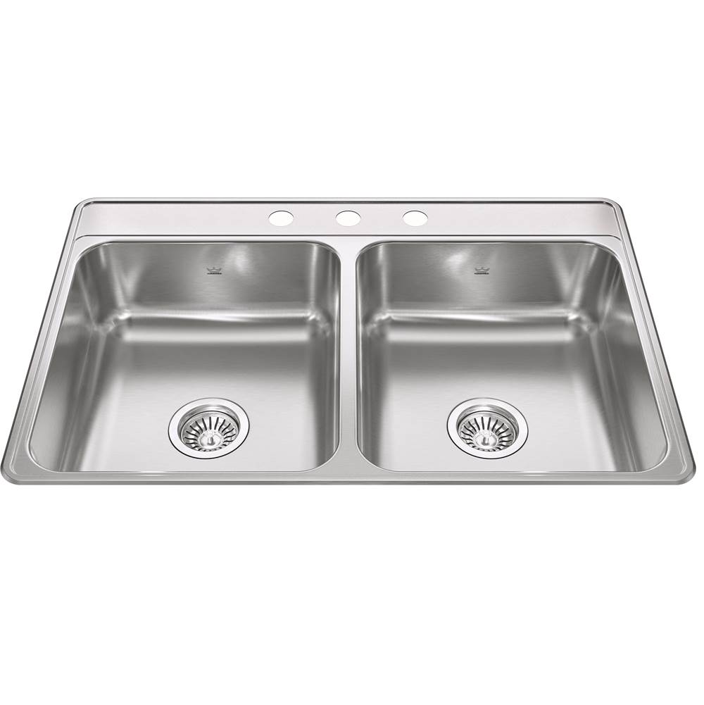 Kindred Creemore 33-in LR x 22-in FB x 7-in DP Drop In Double Bowl 3-Hole Stainless Steel Kitchen Sink, CDLA3322-7-3N
