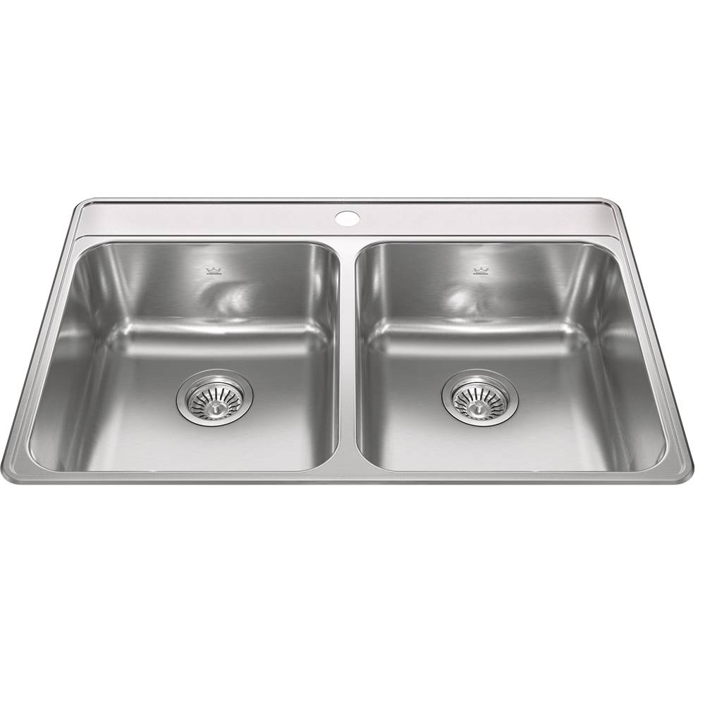 Kindred Creemore 33-in LR x 22-in FB x 8-in DP Drop In Double Bowl 1-Hole Stainless Steel Kitchen Sink, CDLA3322-8-1CBN