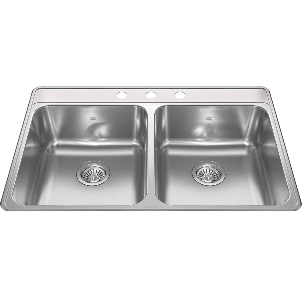 Kindred Creemore 33-in LR x 22-in FB x 8-in DP Drop In Double Bowl 3-Hole Stainless Steel Kitchen Sink, CDLA3322-8-3CBN
