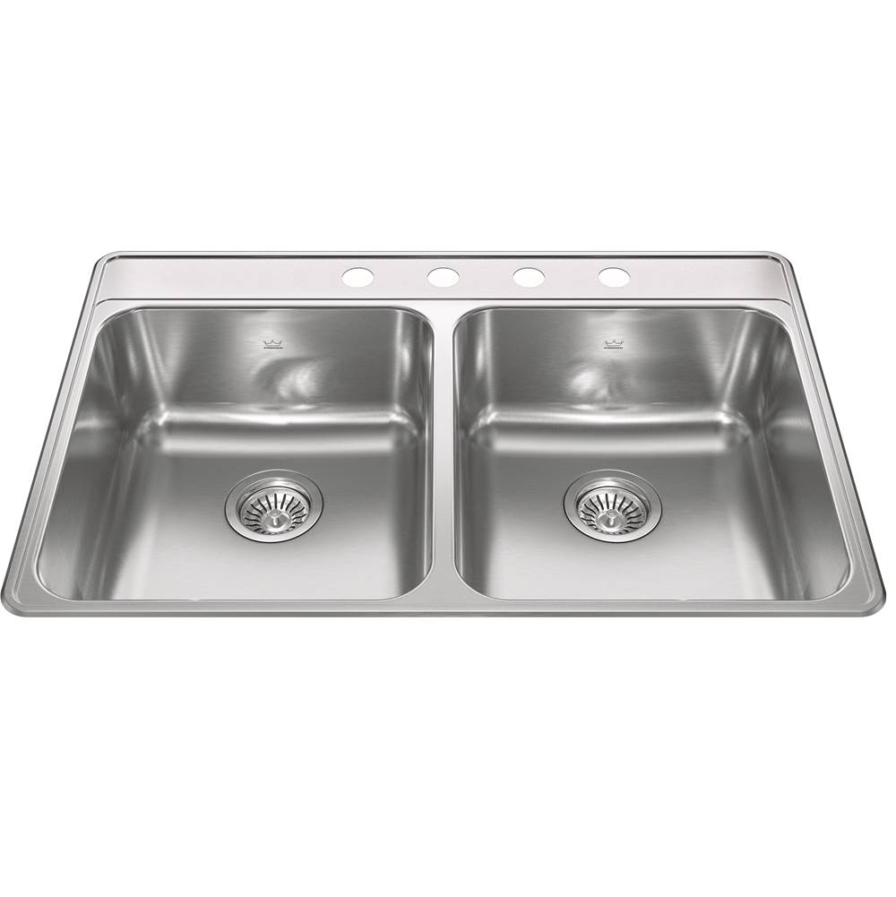 Kindred Creemore 33-in LR x 22-in FB x 8-in DP Drop In Double Bowl 4-Hole Stainless Steel Kitchen Sink, CDLA3322-8-4CBN