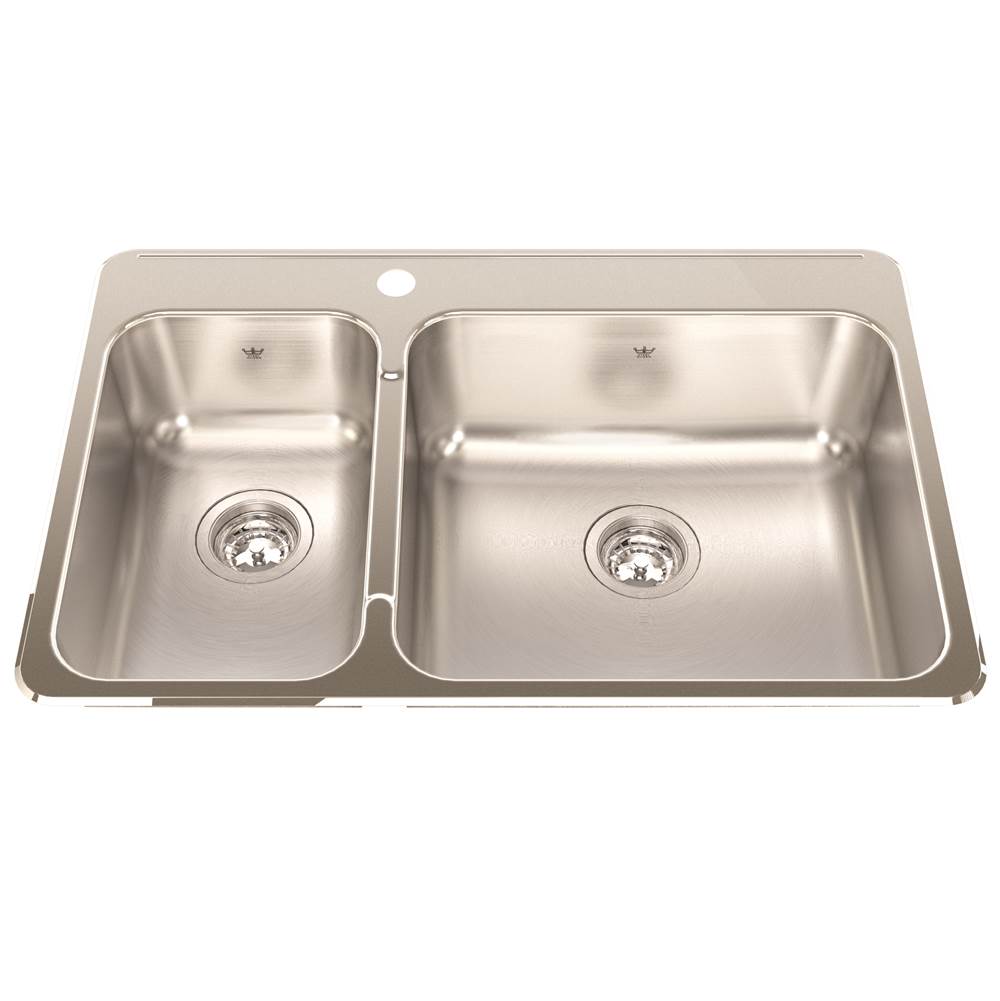 Kindred Steel Queen 31.25-in LR x 20.5-in FB x 8-in DP Drop In Double Bowl 1-Hole Stainless Steel Kitchen Sink, QCLA2031L-8-1N