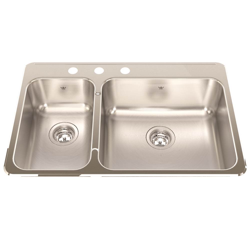 Kindred Steel Queen 31.25-in LR x 20.5-in FB x 8-in DP Drop In Double Bowl 3-Hole Stainless Steel Kitchen Sink, QCLA2031L-8-3N