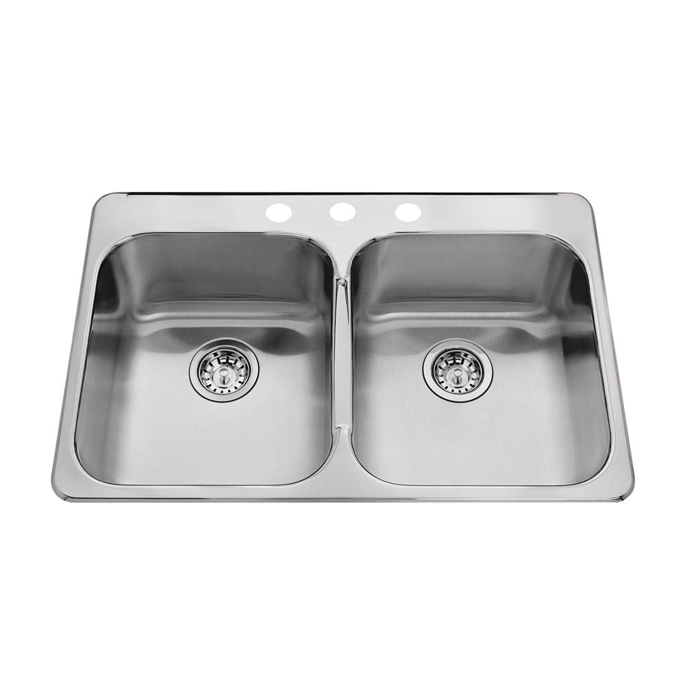 Kindred Steel Queen 31.25-in LR x 20.5-in FB x 8-in DP Drop In Double Bowl 3-Hole Stainless Steel Kitchen Sink, QDL2031-8-3N