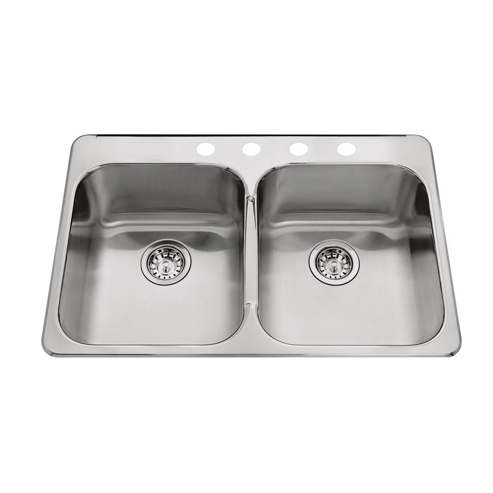 Kindred Steel Queen 31.25-in LR x 20.5-in FB x 8-in DP Drop In Double Bowl 4-Hole Stainless Steel Kitchen Sink, QDL2031-8-4N