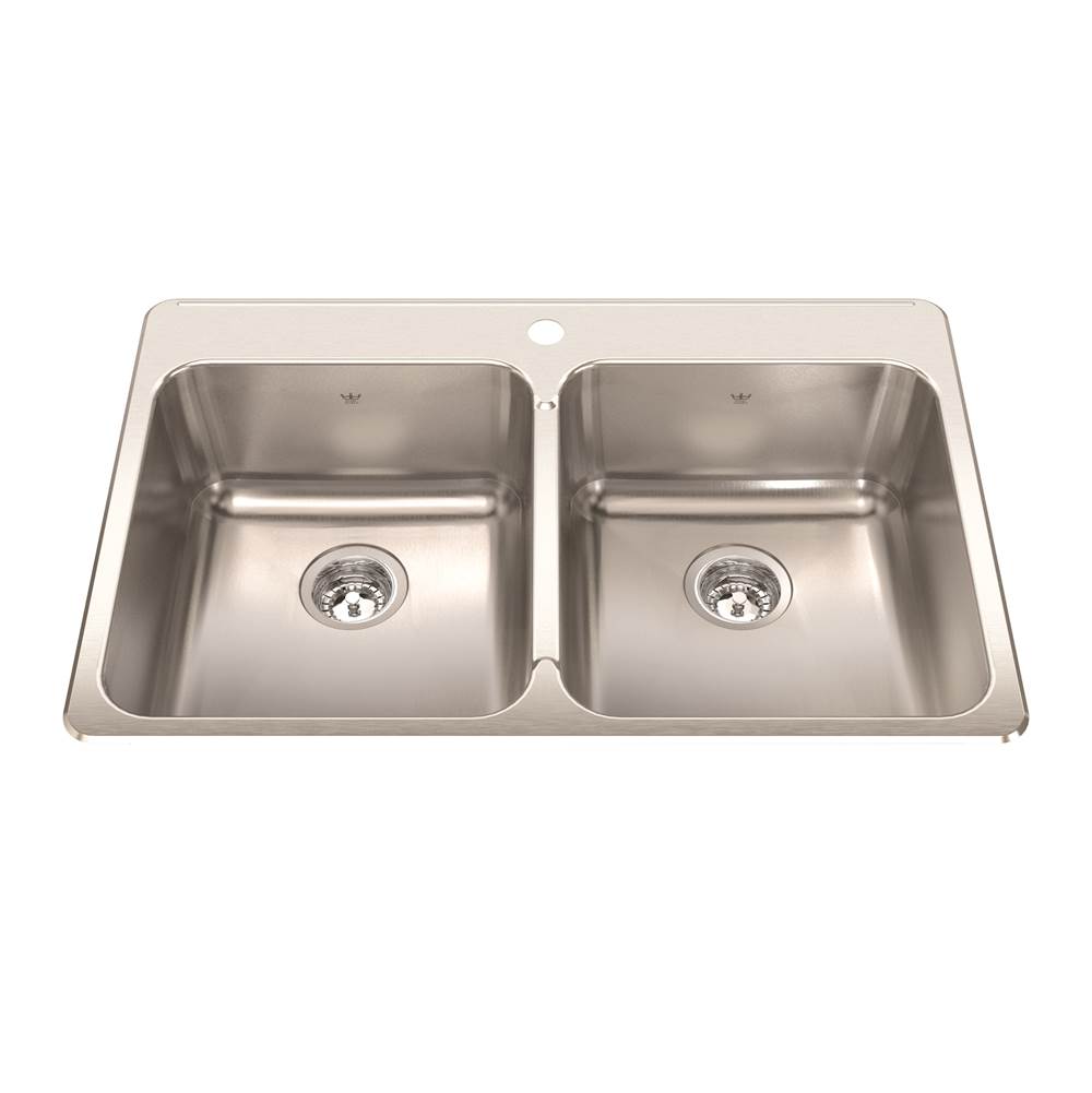Kindred Steel Queen 33.38-in LR x 22-in FB x 8-in DP Drop In Double Bowl 1-Hole Stainless Steel Kitchen Sink, QDLA2233-8-1N