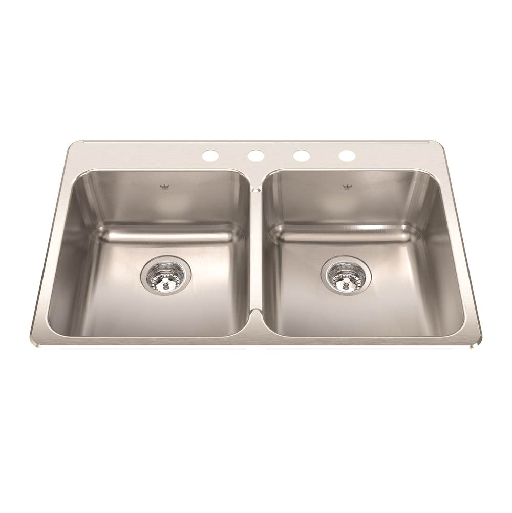 Kindred Steel Queen 33.38-in LR x 22-in FB x 8-in DP Drop In Double Bowl 4-Hole Stainless Steel Kitchen Sink, QDLA2233-8-4N