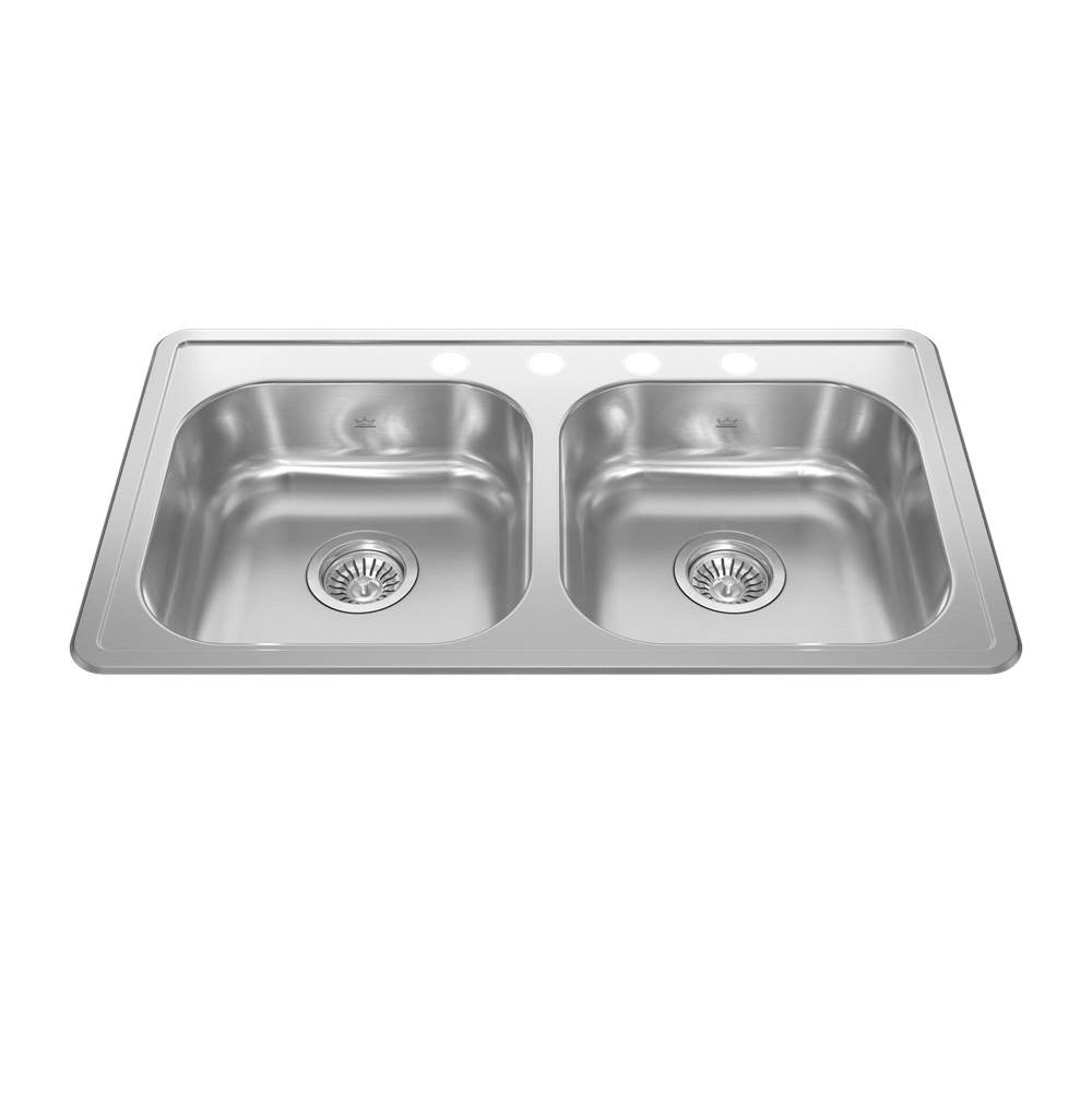 Kindred Creemore 32.94-in LR x 18.31-in FB x 6-in DP Drop In Double Bowl 4-Hole Stainless Steel Sink, RDLA3319-6-4CBN