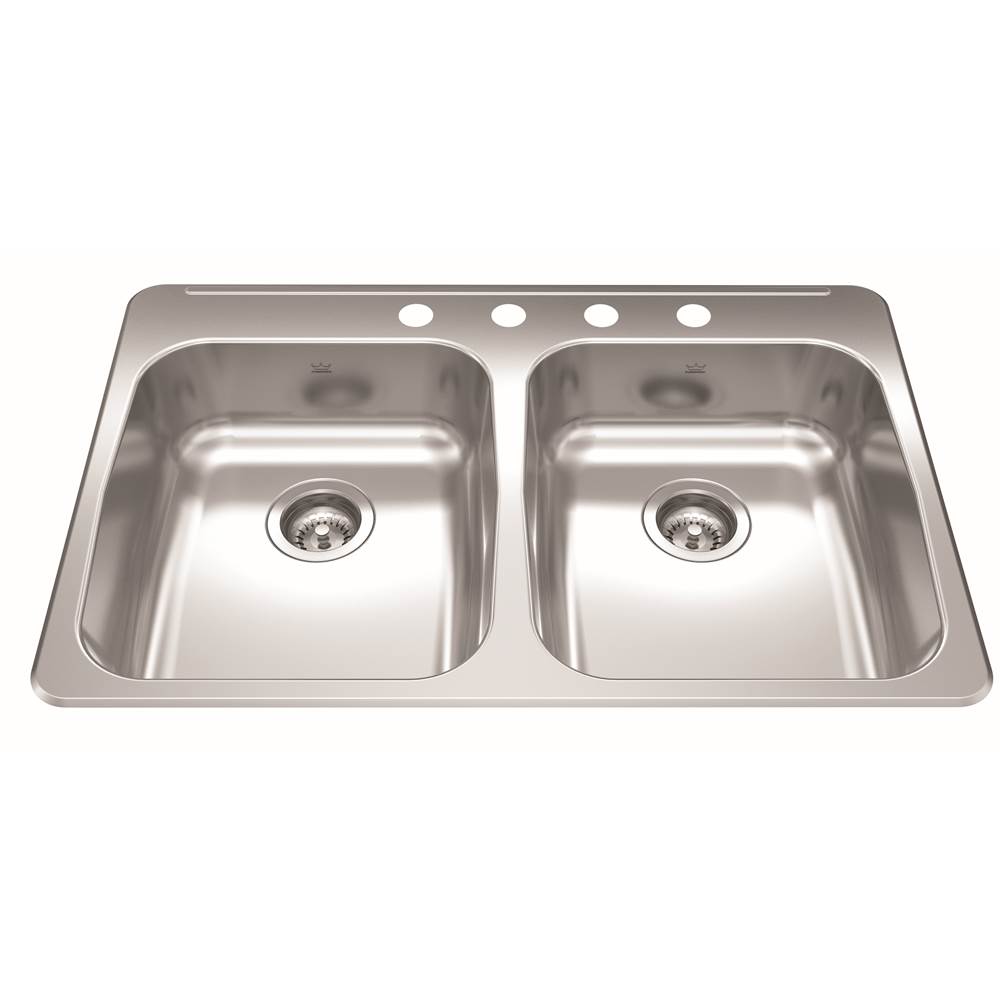 Kindred Reginox 33.38-in LR x 22-in FB x 5.5-in DP Drop In Double Bowl 4-Hole Stainless Steel Kitchen Sink, RDLA3322-55-4N