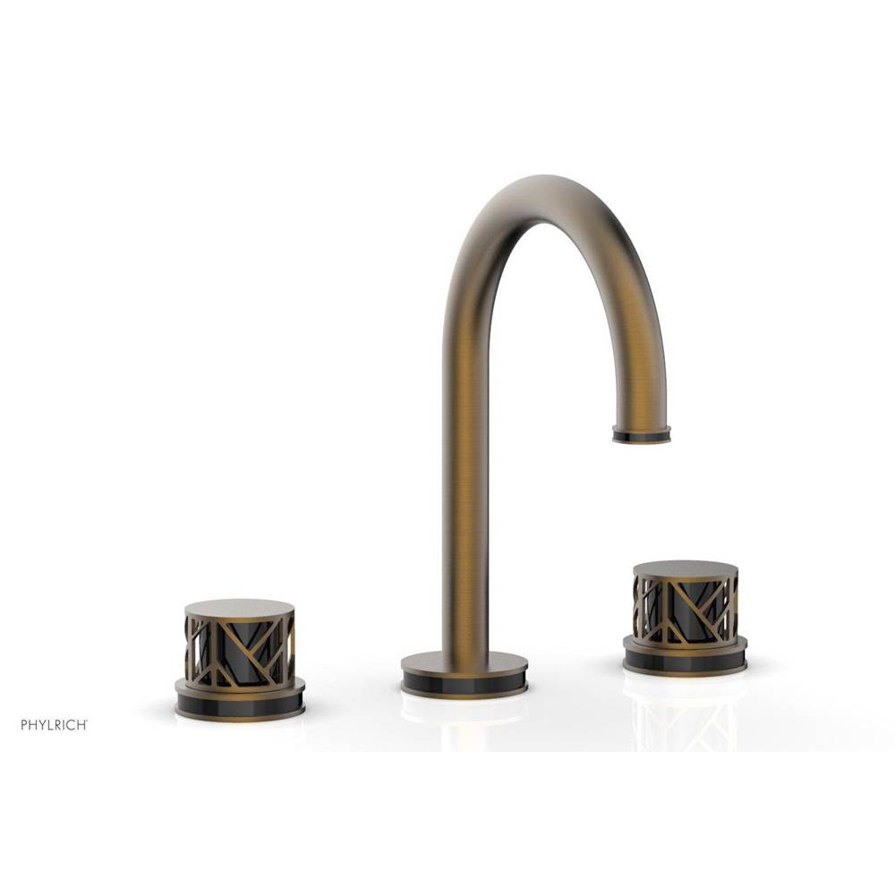 Phylrich Polished Brass Uncoated (Living Finish) Jolie Widespread Lavatory Faucet With Gooseneck Spout, Round Cutaway Handles, And Black Accents - 1.2GPM