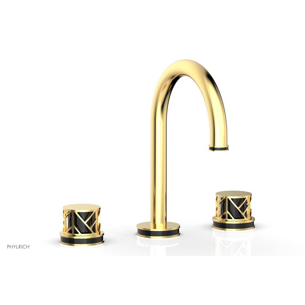 Phylrich Satin Gold Jolie Widespread Lavatory Faucet With Gooseneck Spout, Round Cutaway Handles, And Black Accents - 1.2GPM