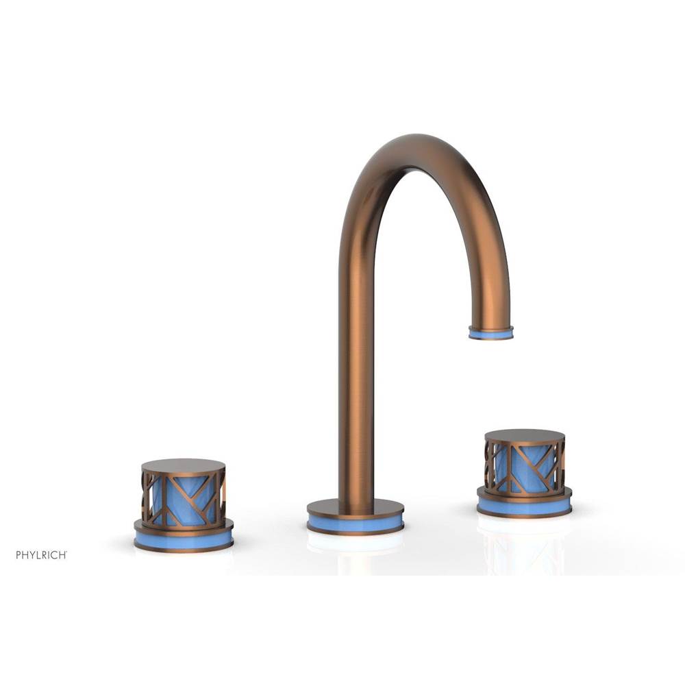 Phylrich Polished Copper (Living Finish) Jolie Widespread Lavatory Faucet With Gooseneck Spout, Round Cutaway Handles, And Light Blue Accents - 1.2GPM