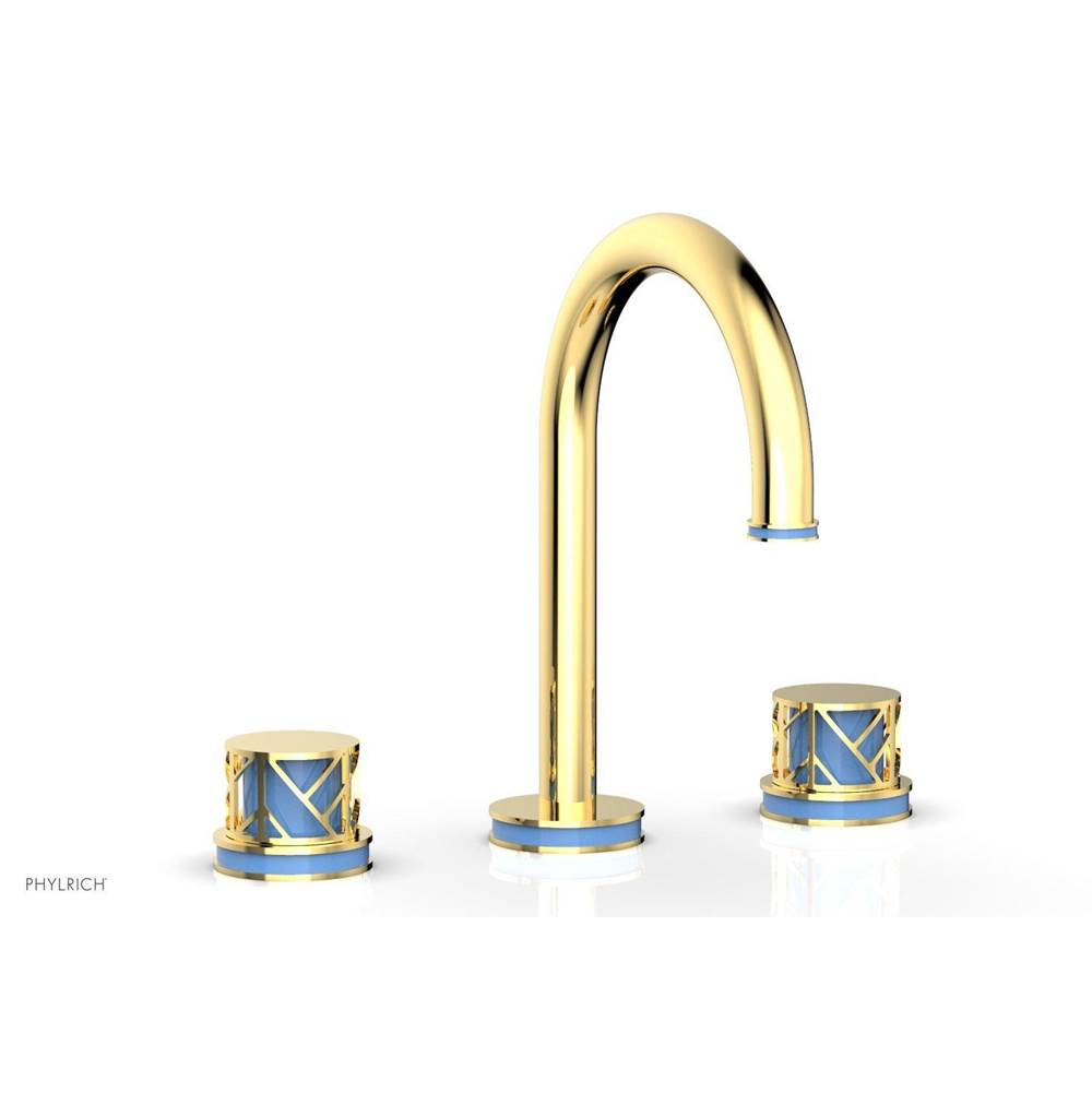 Phylrich Satin Gold Jolie Widespread Lavatory Faucet With Gooseneck Spout, Round Cutaway Handles, And Light Blue Accents - 1.2GPM