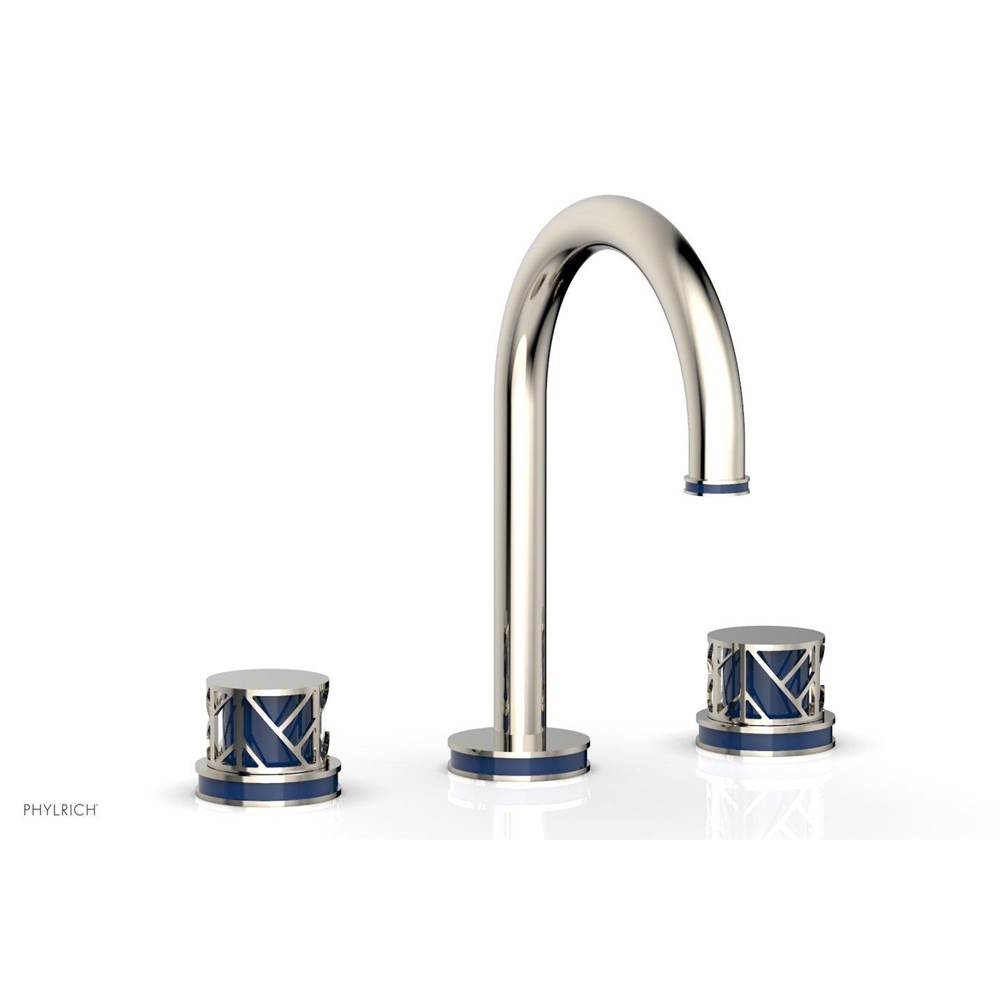 Phylrich Satin White Jolie Widespread Lavatory Faucet With Gooseneck Spout, Round Cutaway Handles, And Navy Blue Accents - 1.2GPM