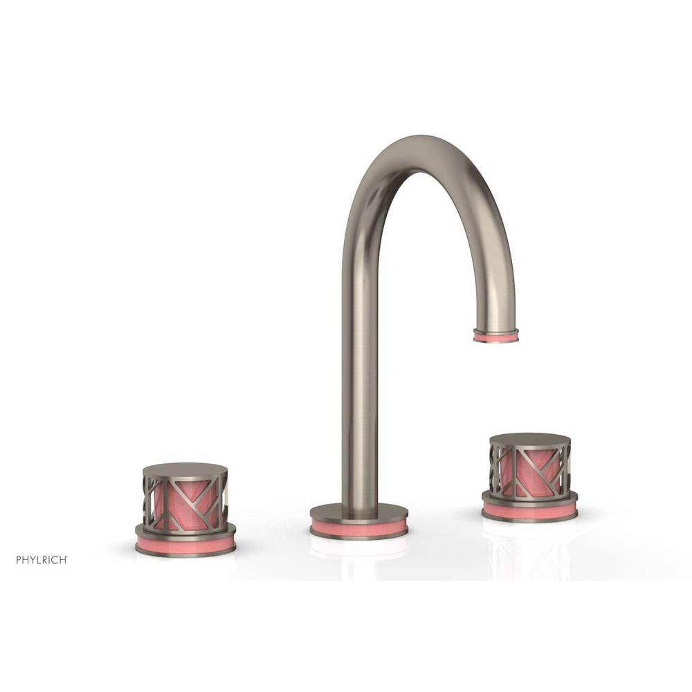 Phylrich Satin Brass Jolie Widespread Lavatory Faucet With Gooseneck Spout, Round Cutaway Handles, And Pink Accents - 1.2GPM