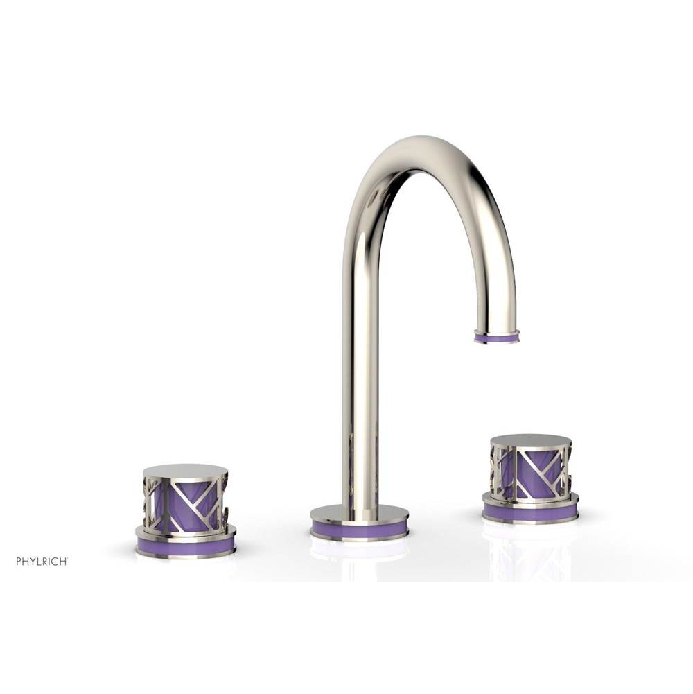 Phylrich Satin White Jolie Widespread Lavatory Faucet With Gooseneck Spout, Round Cutaway Handles, And Purple Accents - 1.2GPM