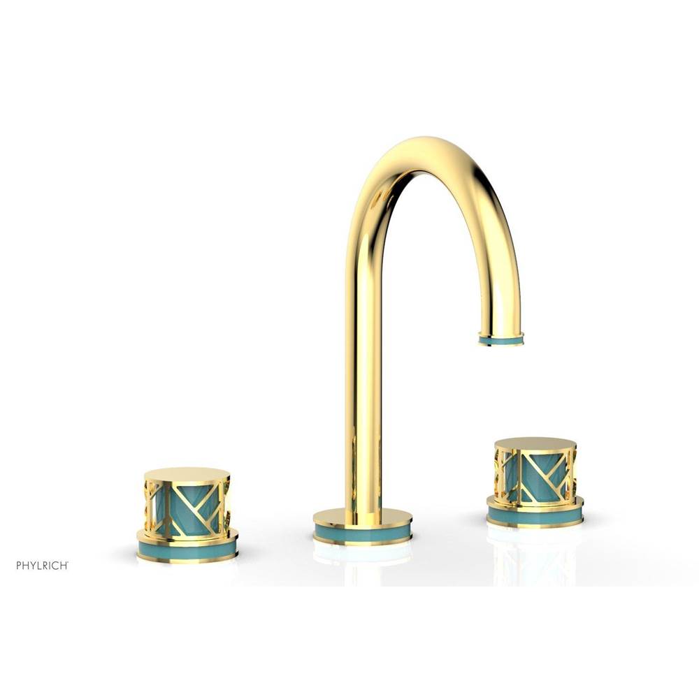 Phylrich Burnished Gold Jolie Widespread Lavatory Faucet With Gooseneck Spout, Round Cutaway Handles, And Turquoise Accents - 1.2GPM